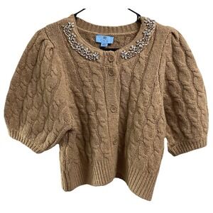 Cece Womens Crop Caramel/Tan 3/4 Sleeve Dressy Cardigan Sweater Rhinestones Sz.L